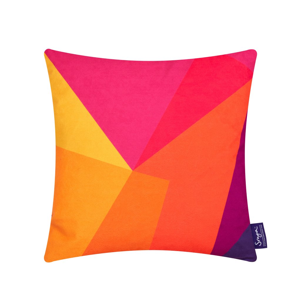 A cropped detail image of the bright and stylish Sonya Winner After Matisse Sunset cushion, showcasing the bright red, yellow and pink colours, geometric pattern and rich texture