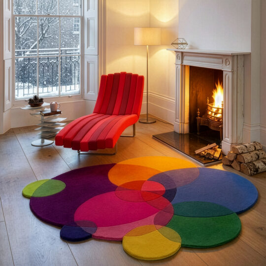 The Bubble sRug in a living room in front of red chaise longe and fireplace