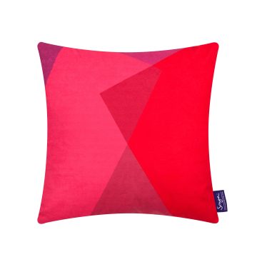 A cropped detail image of the modern Sonya Winner After Matisse Boudoir cushion, showcasing the bright pink and red colours, graphic pattern and rich faux suede texture