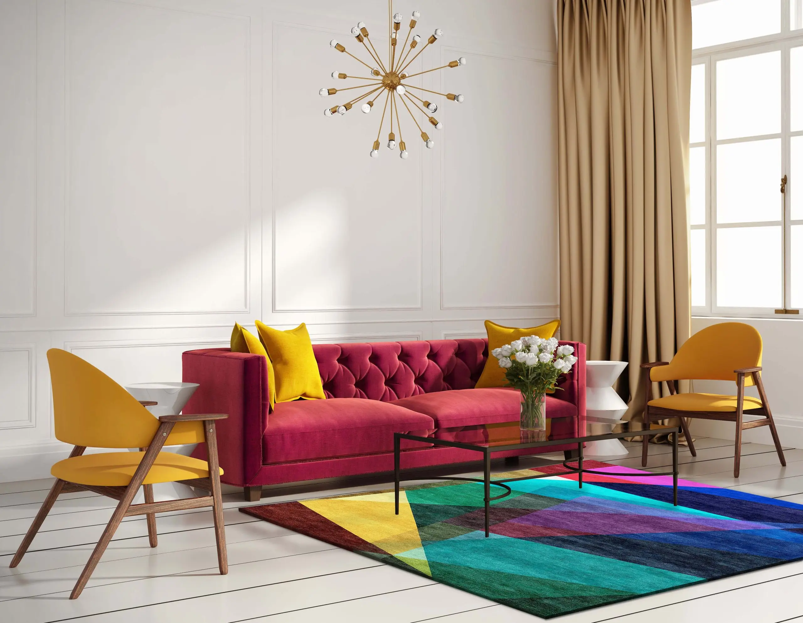 Elegant interior, with red velvet sofa and window and flowers