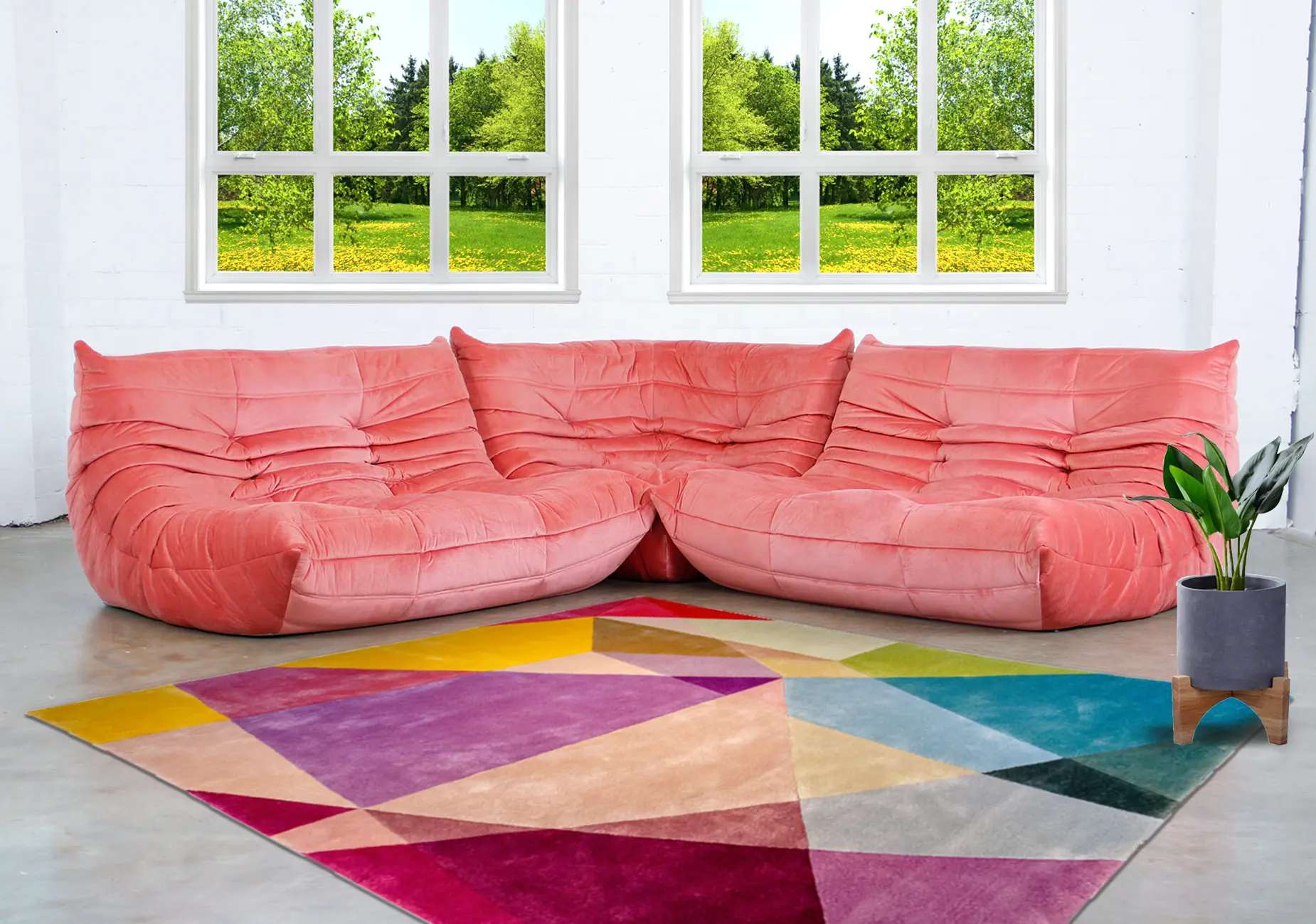 Pink Togo Sofa by Ligne Roset With Contemporary Rug by Sonya Winner