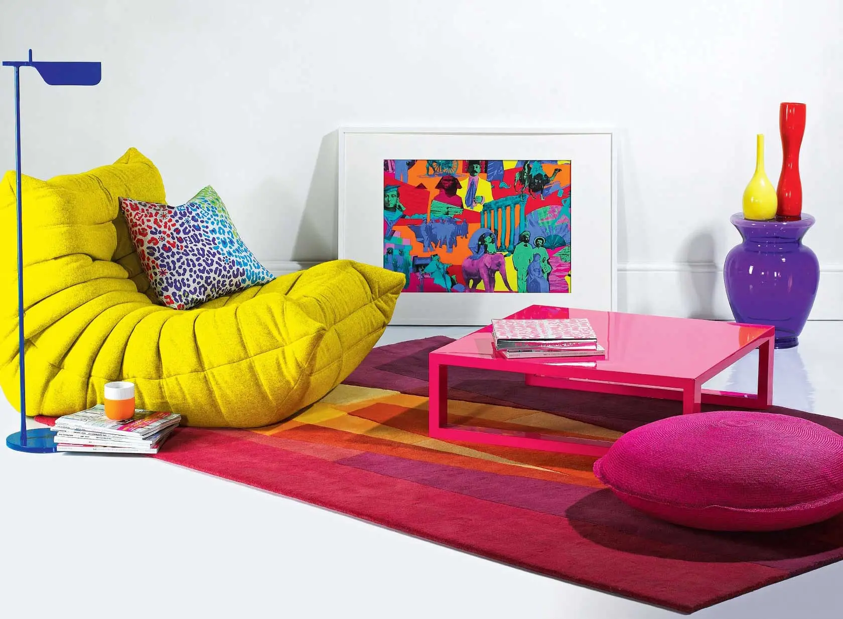 Yellow Togo Sofa by Ligne Roset with Kaleidoscope Red Rug by Sonya Winner