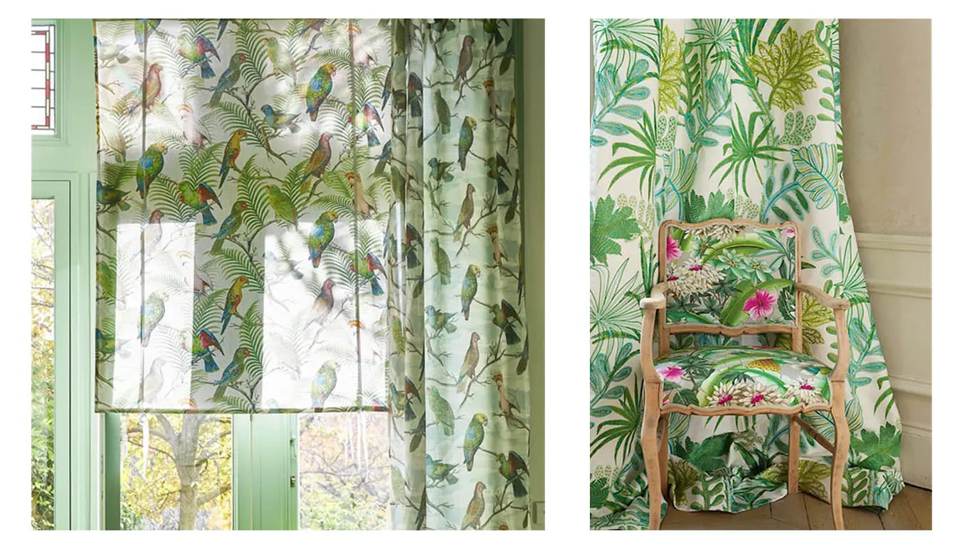 Curtains and Blind: Parrot and Palm Azure fabric by Designers Guild. Chair Ibiza fabric and Curtain Tara Fabric both by Manuel Canovas