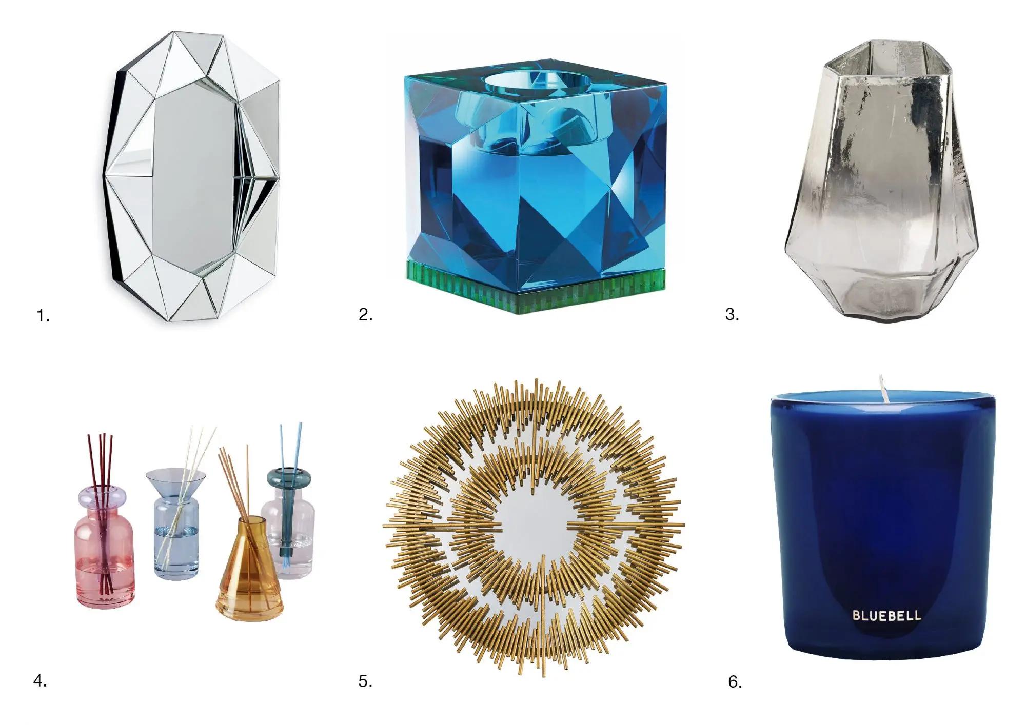 1. ; 2. Ophelia tealight holder by Reflections Copenhagen 6. Bluebell Candle by Perfumer H