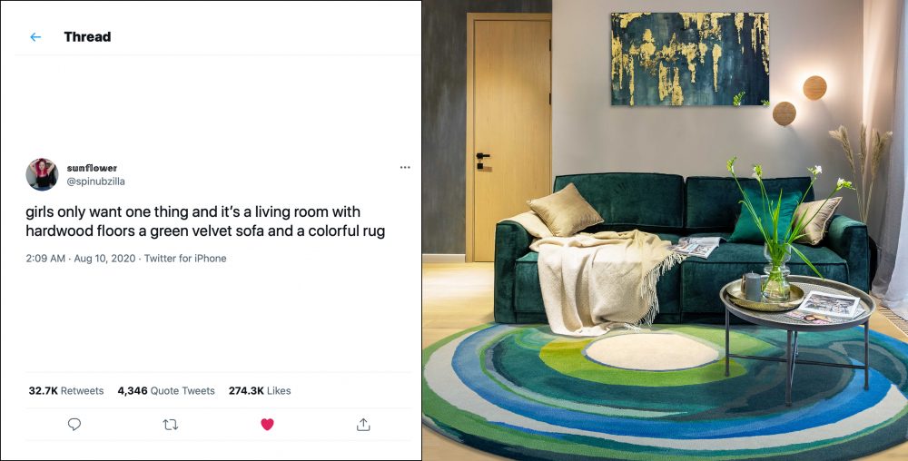Tweet Velvet Sofa Colourful Rug