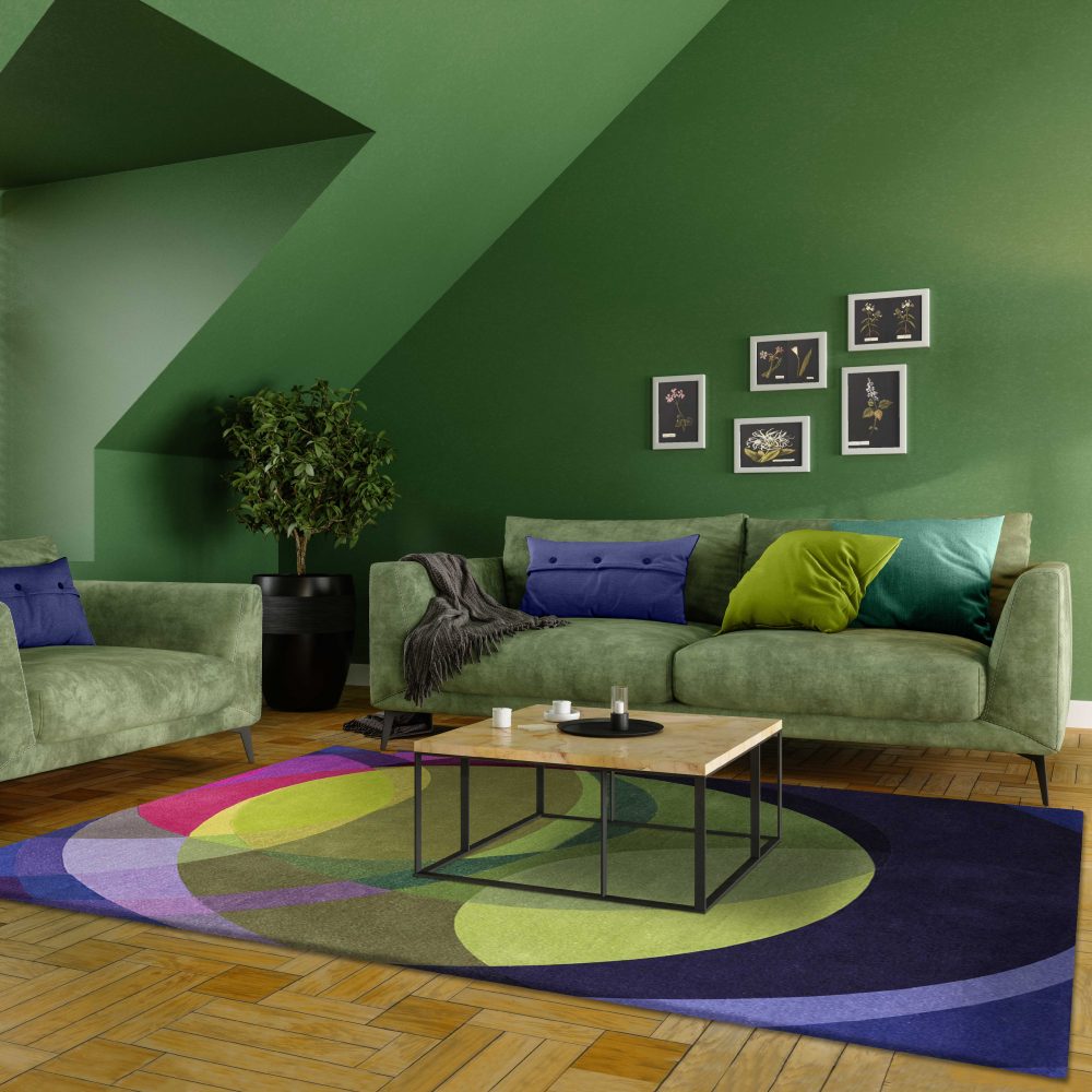 Green Living Room With Green Sofa, Coffee Tables and Plants