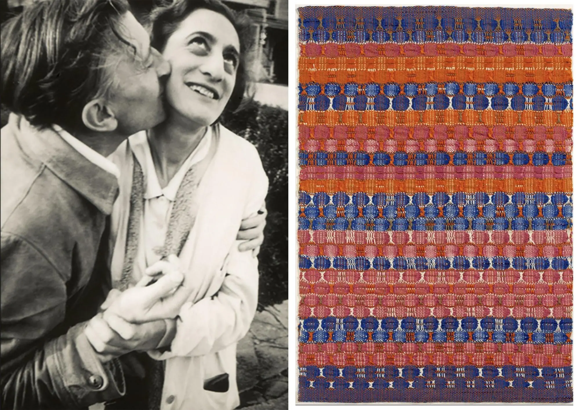 Anni and Josef Albers (left); Anni Albers, Red and Blue Layers, 1954 (right)