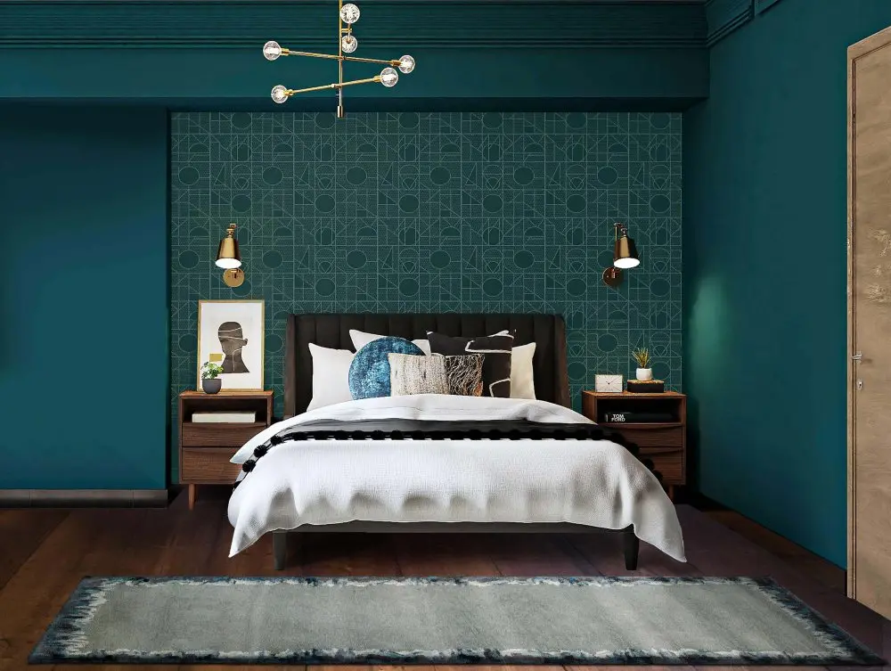 Our dramatic Rockpool Runner Rug at the foot of a bed