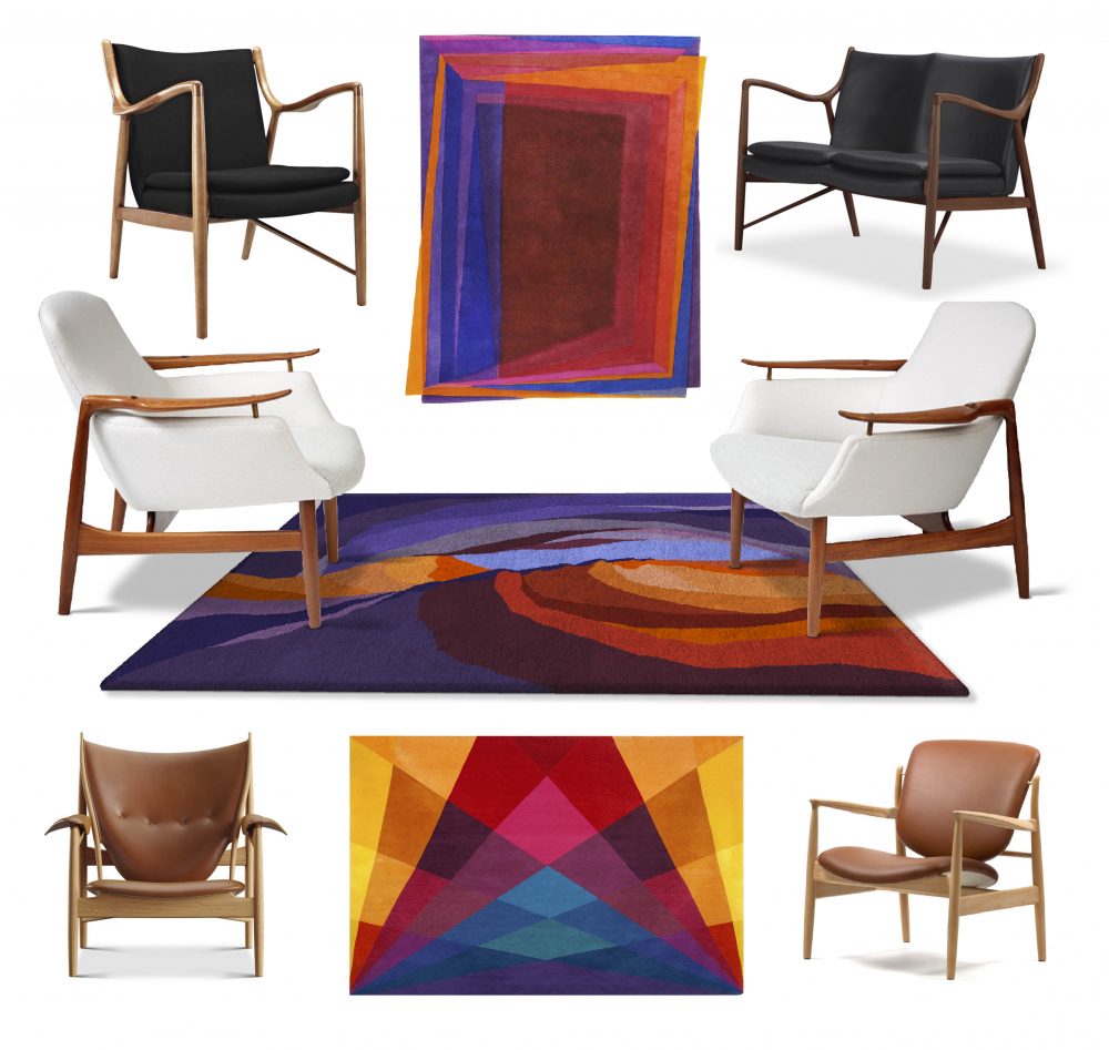 Collage of Finn Juhl's chairs featuring Sonya Winner's rugs