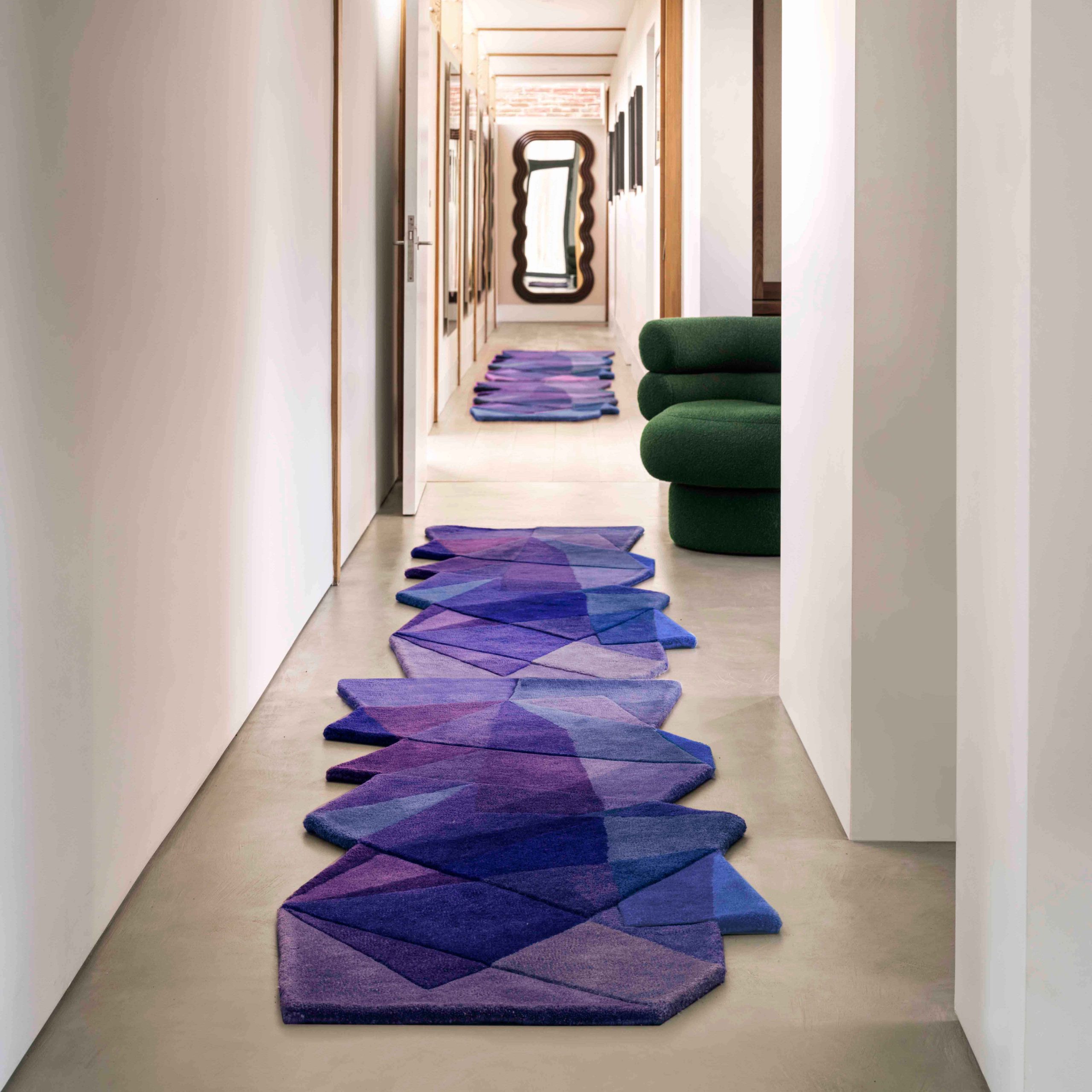 Purple Geometric Pattern Long Bath Rug Runner, Hallway Rug Runner