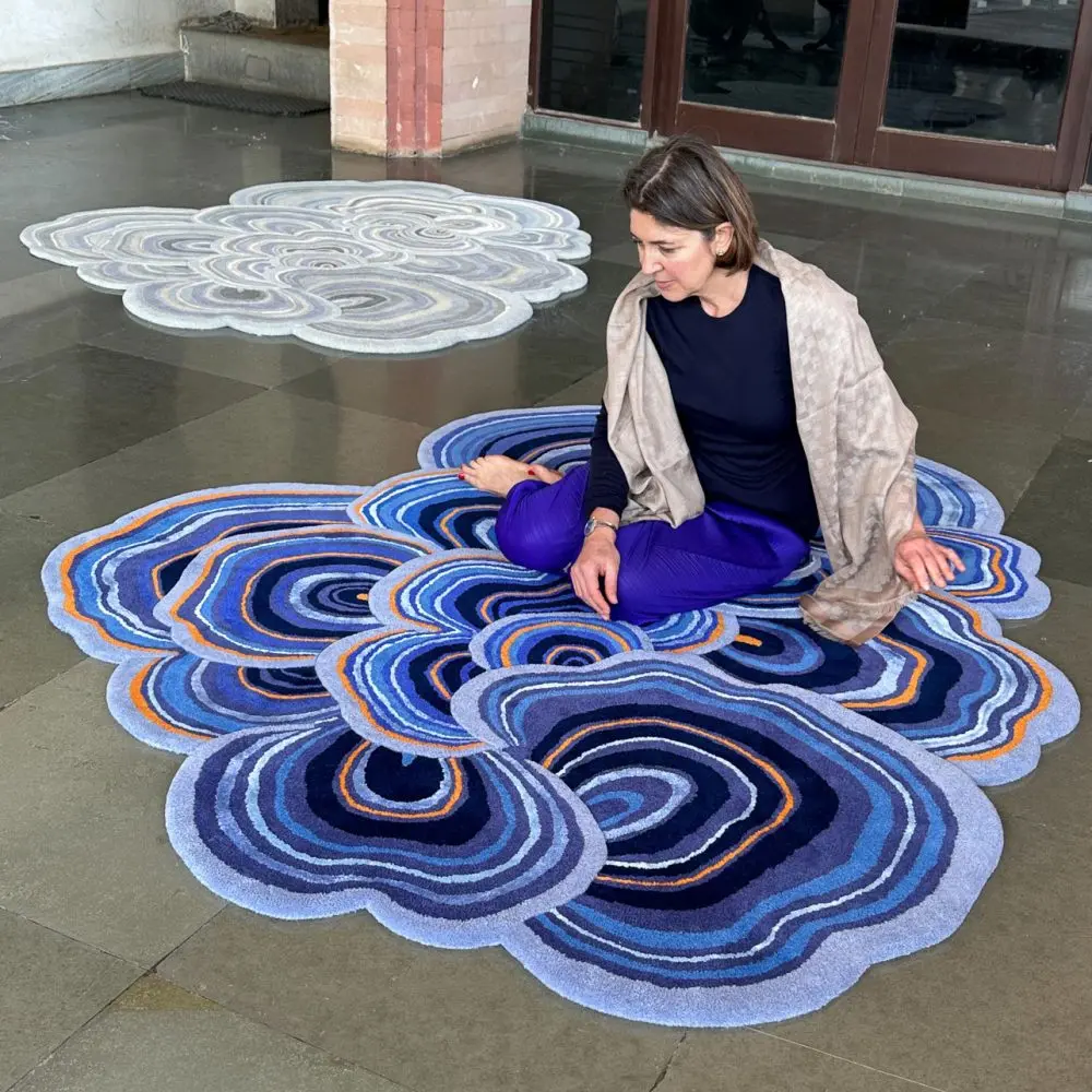 Lichen blue and orange luxury rug Sonya Winner 