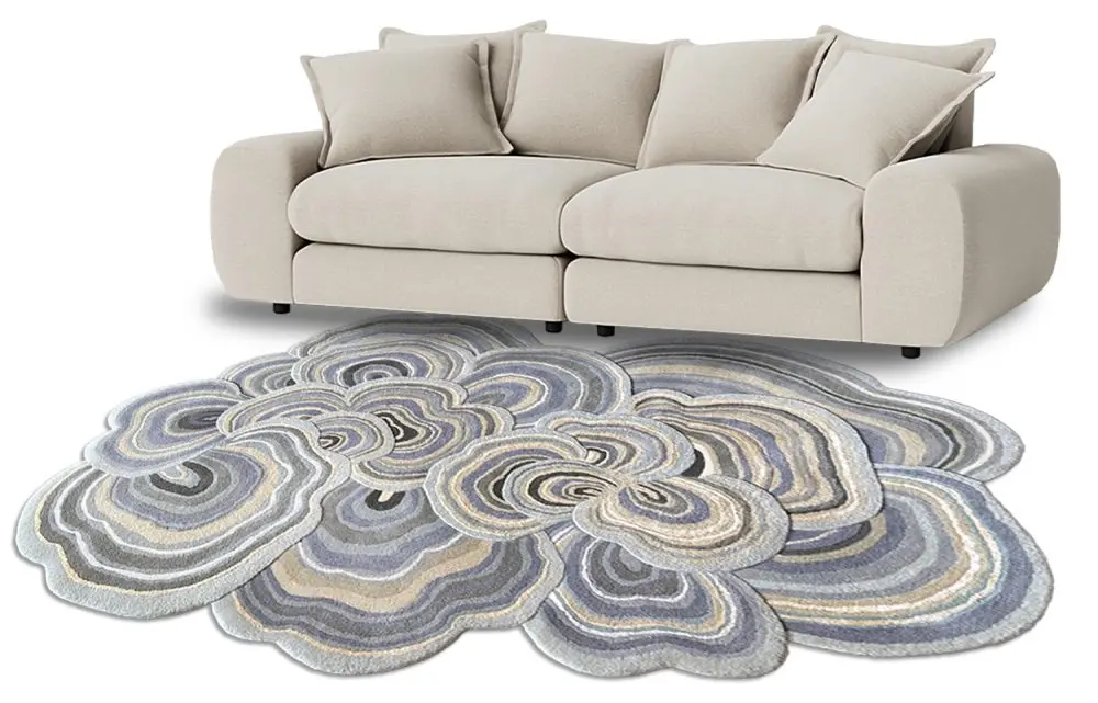 Lichen Griege Rug styled wiht sofa