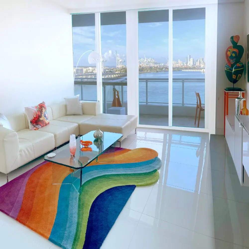 Rainbow Colourful Wave Rug placed in holiday home
