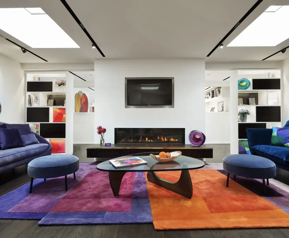 Noguchi table coffee table insitu featuring the After Albers Irregular area rug 