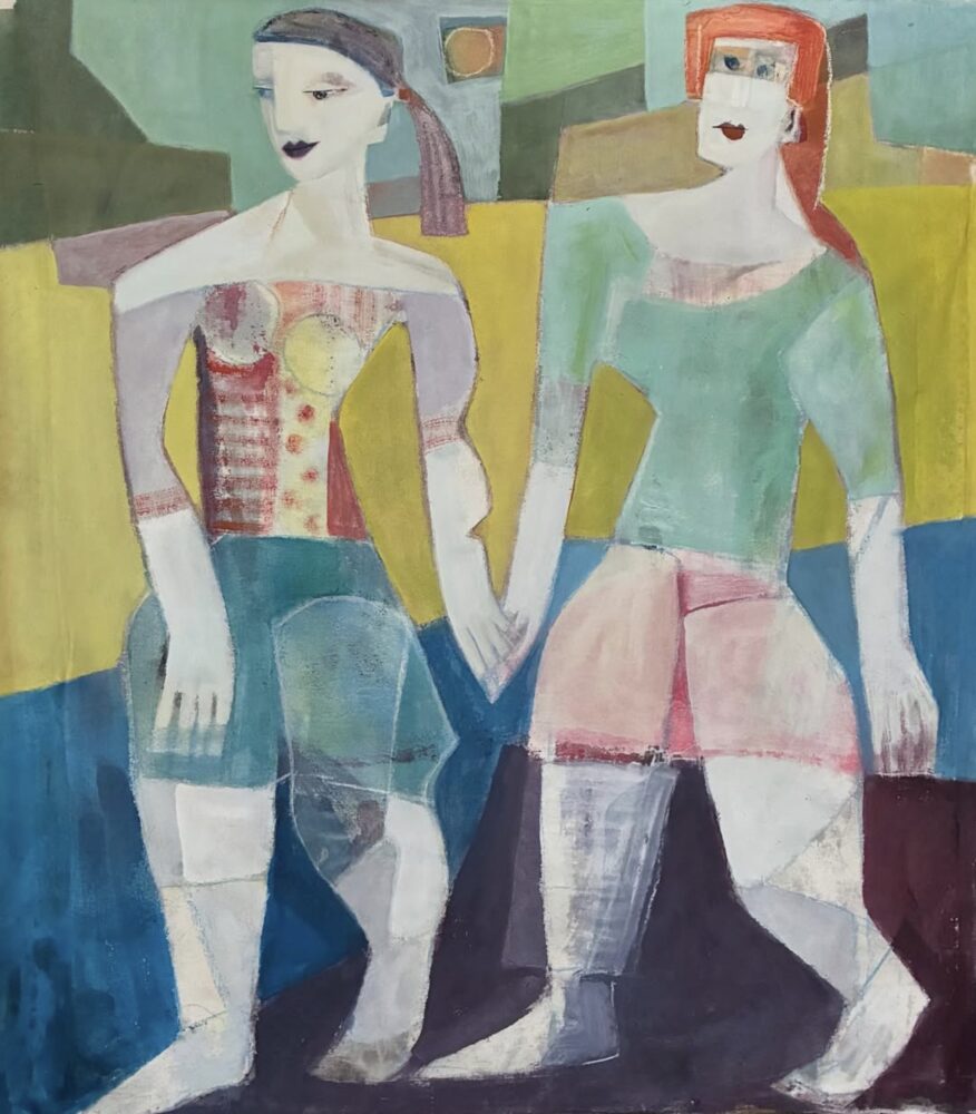 Painting by Klara Koitler showing two women, symbolically reflecting her friendship and collaboration with designer Sonya Winner.