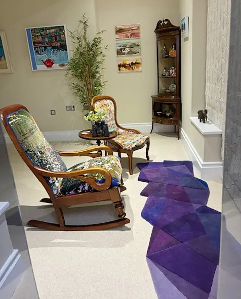 After Matisse Purple Runner in living room with armchairs