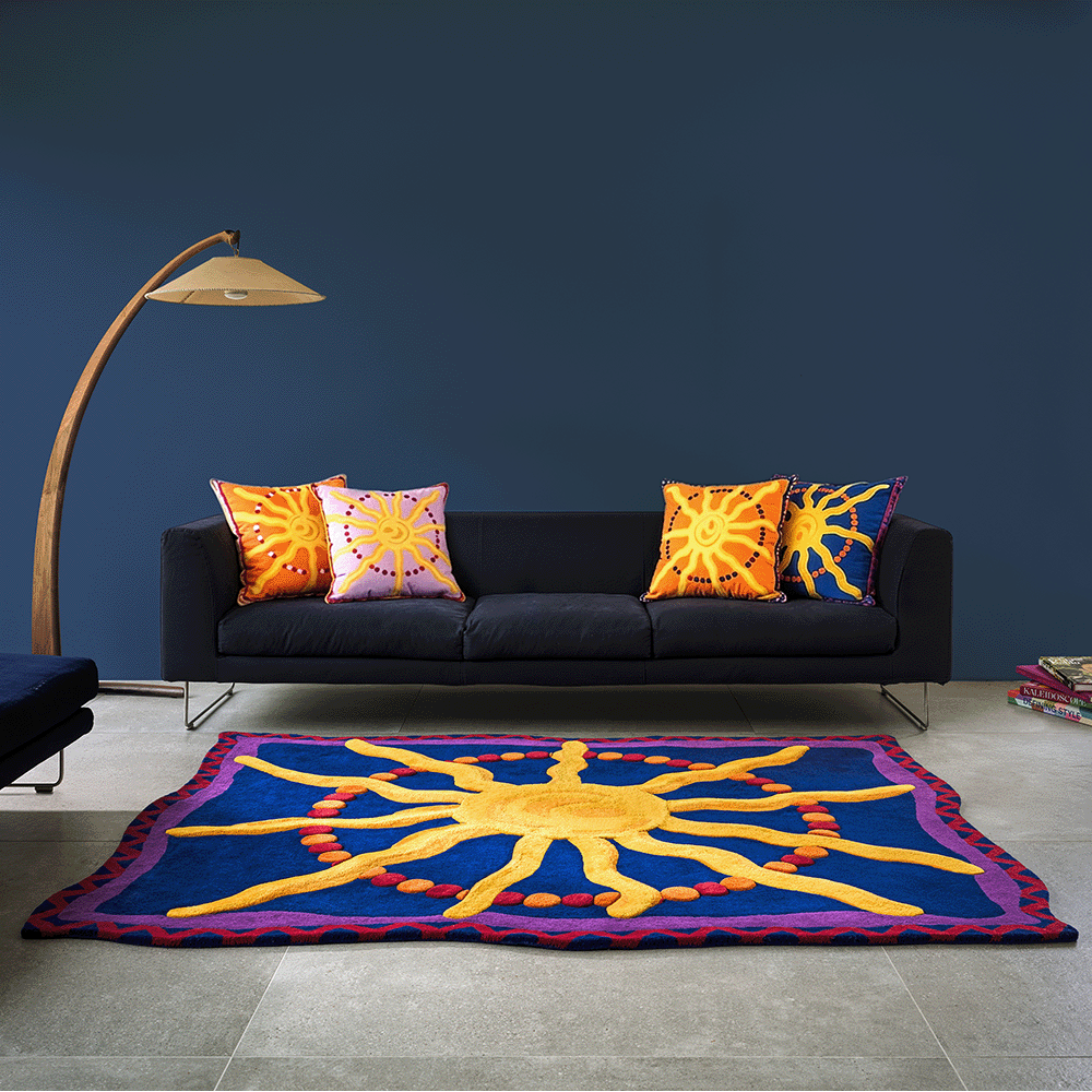 Mexico sun rug with sun motif in living room