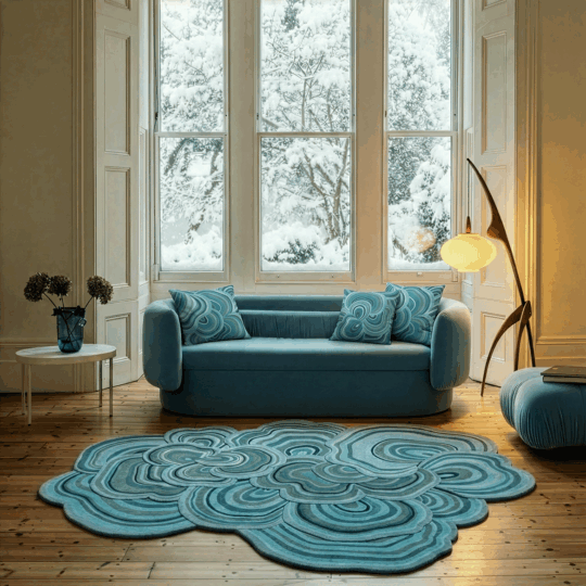 Lichen aquamarine cushions on blue sofa