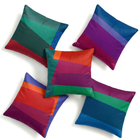Teal, green, blue and pink set of 5 magic stepping stone cushions on white background