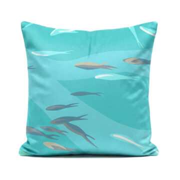 Bright blue velvet fishes in Greece Dark colourway cushion