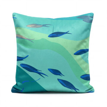 Bright blue velvet fishes in Greece Dark colourway cushion