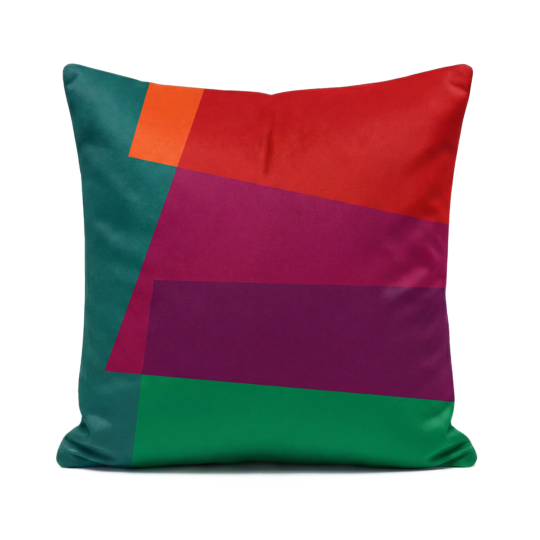 Teal, orange, purple and green soft velvet cushion on white background