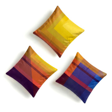 Set of 3 yellow orange ochre blue red maroon velvet cushions