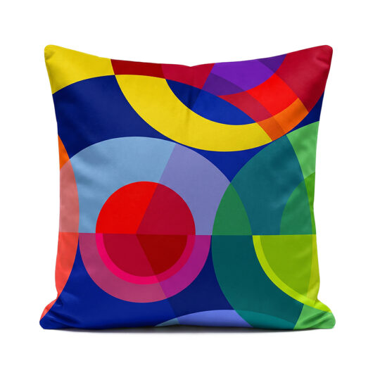 Sonia and Sonya colourful circle cushions blue red, green and yellow soft velvet pillows