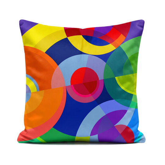 Sonia and Sonya colourful circle cushions blue red, green and yellow soft velvet pillows