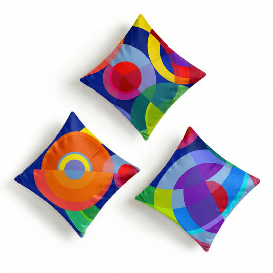 Sonia and Sonya colourful circle cushions blue red, green and yellow soft velvet pillows set of 3