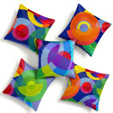 Sonia and Sonya colourful circle cushions blue red, green and yellow soft velvet pillows