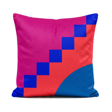 Geometric designer pink, red and blue Santorini Sunset cushion on white background