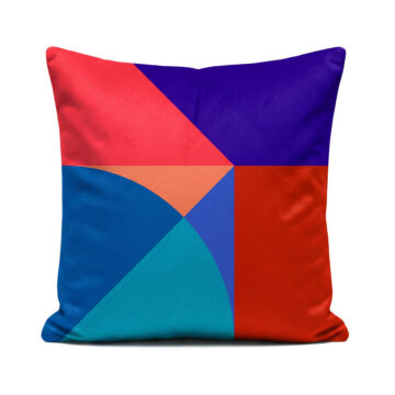 Geometric designer pink, red and blue Santorini Sunset cushion on white background