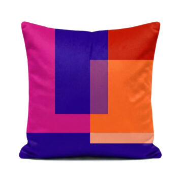 Geometric designer pink, red and blue Santorini Sunset cushion on white background