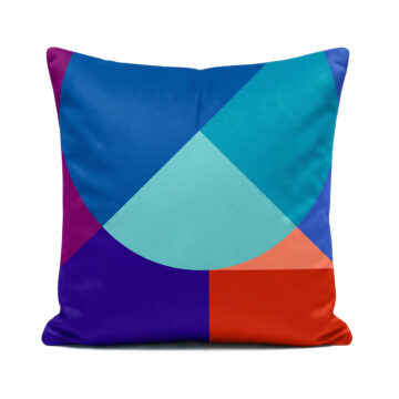 Geometric designer pink, red and blue Santorini Sunset cushion on white background