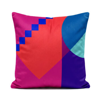 Geometric designer pink, red and blue Santorini Sunset cushion on white background